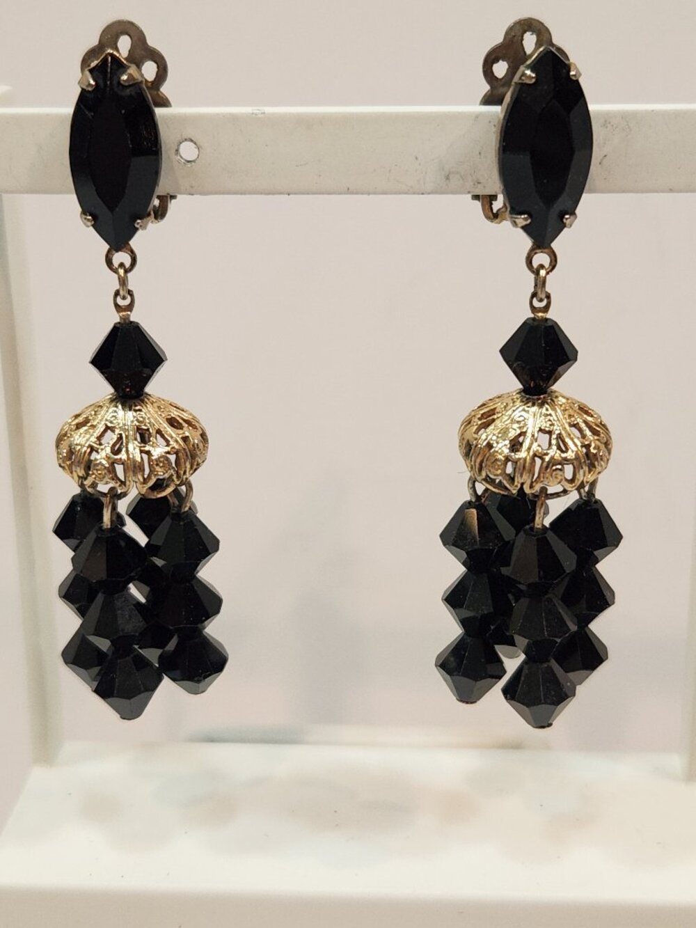 Vintage 1960s Lewis Segal Black Glass Bead Dangle Drop Clip On Earrings
